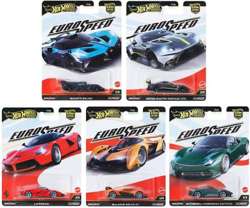 Hot Wheels Euro Speed Premium Collection, Die-Cast Cars Set, Bugatti Bolide, Aston Martin, Ferrari, McLaren, 5-Pack Luxury Sports Cars FPY86-961L