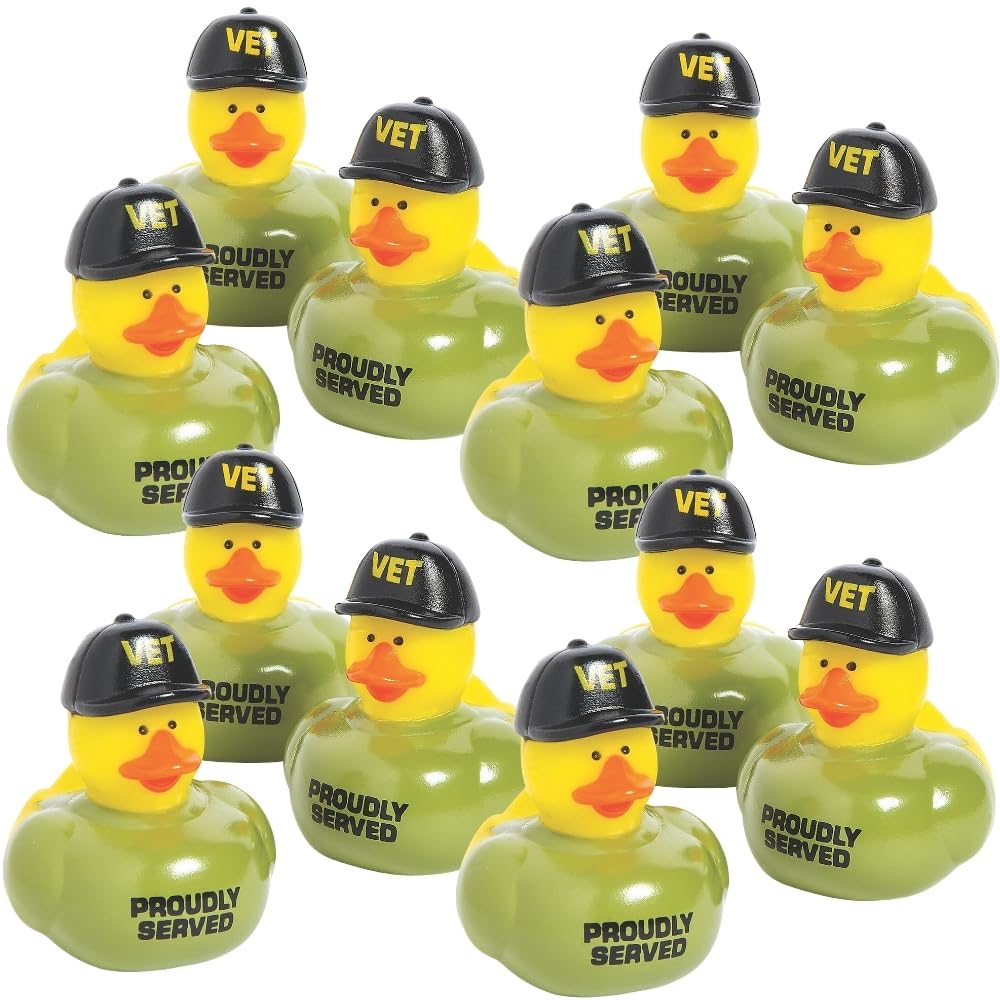 Fun Express - 2" Veteran Rubber Ducks in Green T-Shirts and Black Caps - Perfect for Tiki Parties, Car Decor, and Fun Luau Favors - 12 Pieces