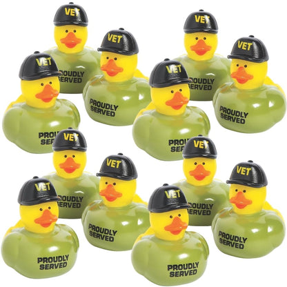 Fun Express - 2" Veteran Rubber Ducks in Green T-Shirts and Black Caps - Perfect for Tiki Parties, Car Decor, and Fun Luau Favors - 12 Pieces