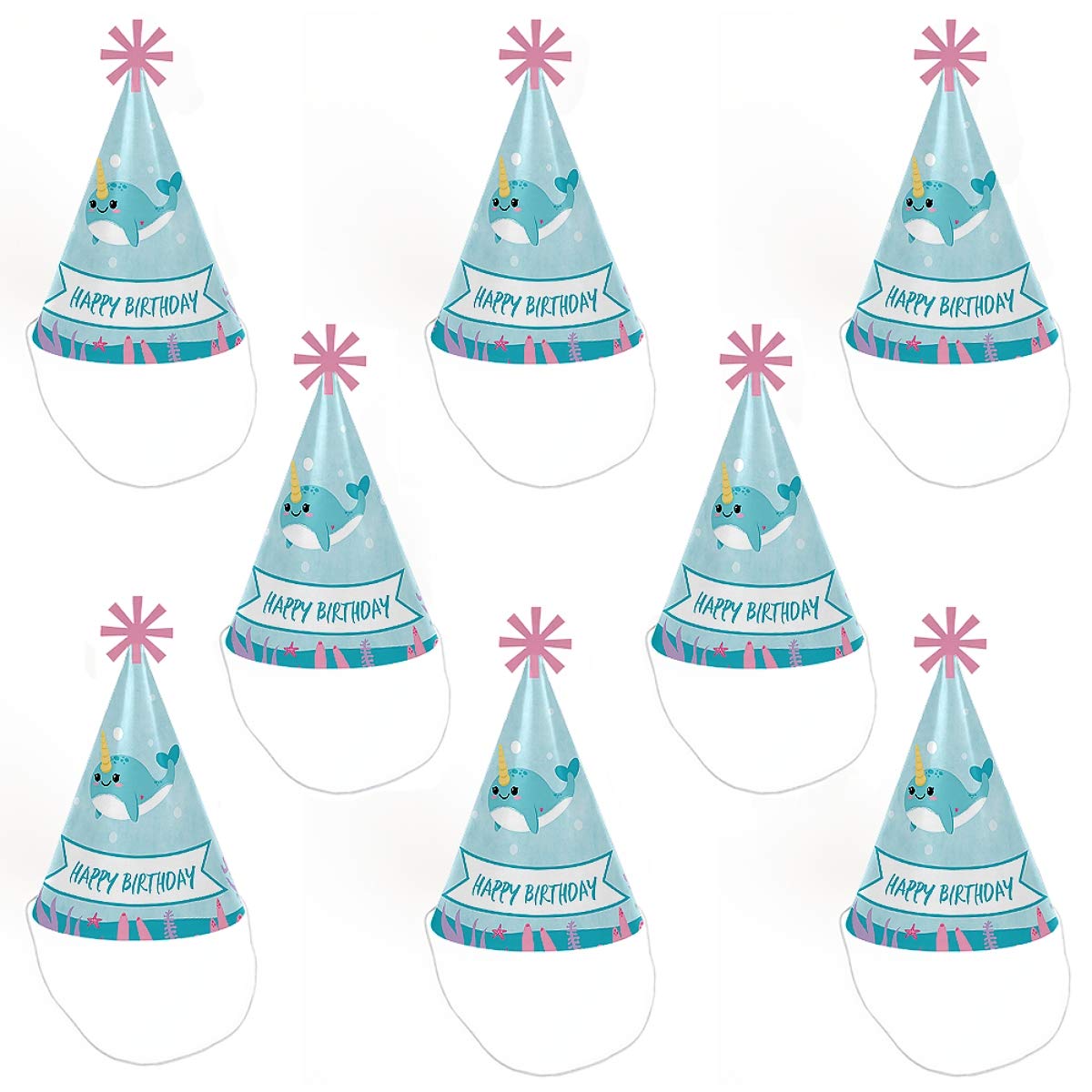 Big Dot of Happiness Narwhal Girl - Cone Happy Birthday Party Hats for Kids and Adults - Set of 8 (Standard Size)