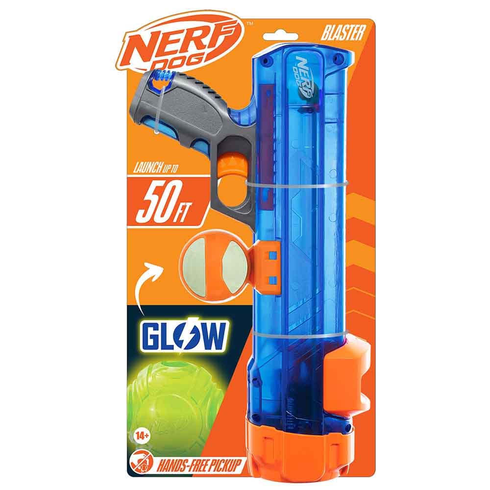 Nerf Dog 16in Translucent Blaster W/Ball Clip and 2.5in TPR Lightning Glow Ball Dog Toy -Blue/Orange/Gray and No Color
