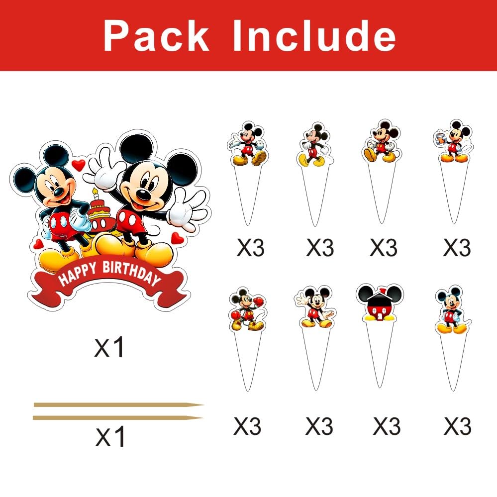 25pcs Mickey Cake Decorations with 24pcs Cupcake Toppers, 1pcs Cake Topper for Mickey Birthday Party Supplies