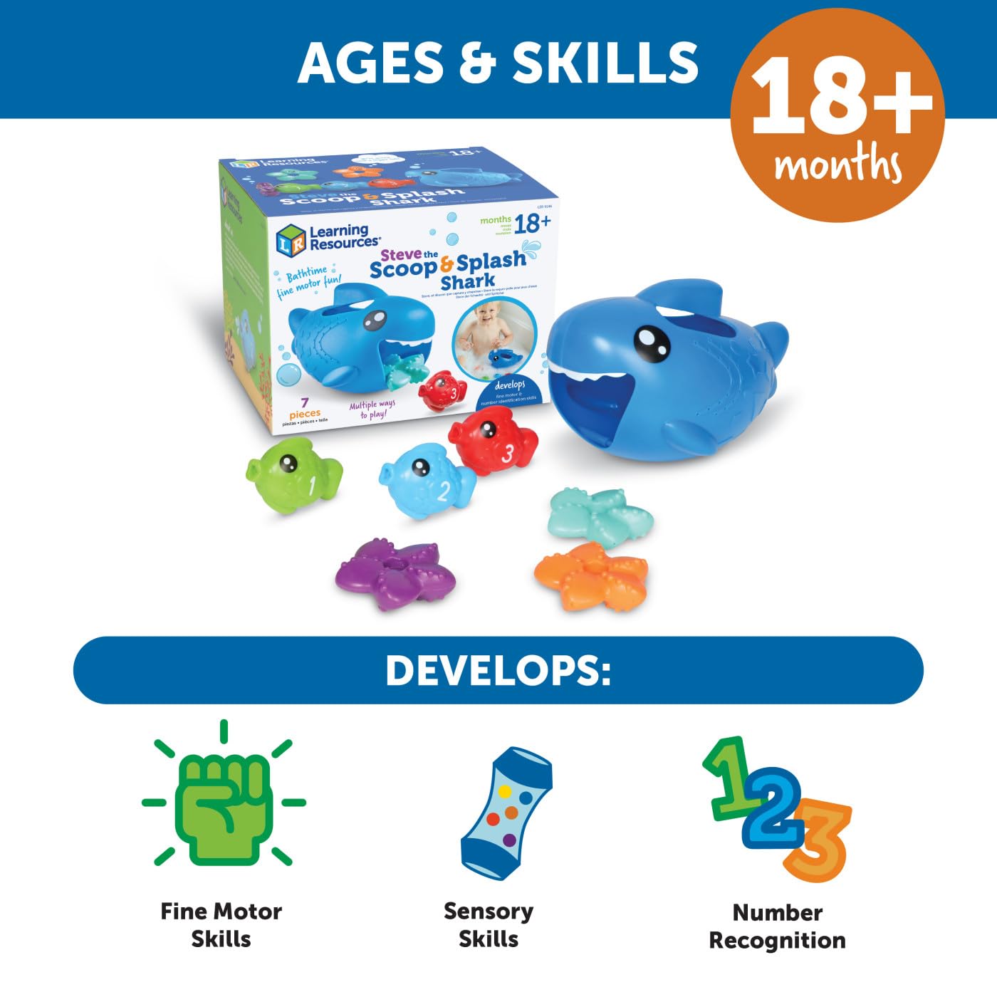 Learning Resources Steve the Scoop & Splash Shark, 7 Pieces, Ages 18 Months+, Toddler Bathtub Toys, Pool Activities for Boys and Girls, Water Games