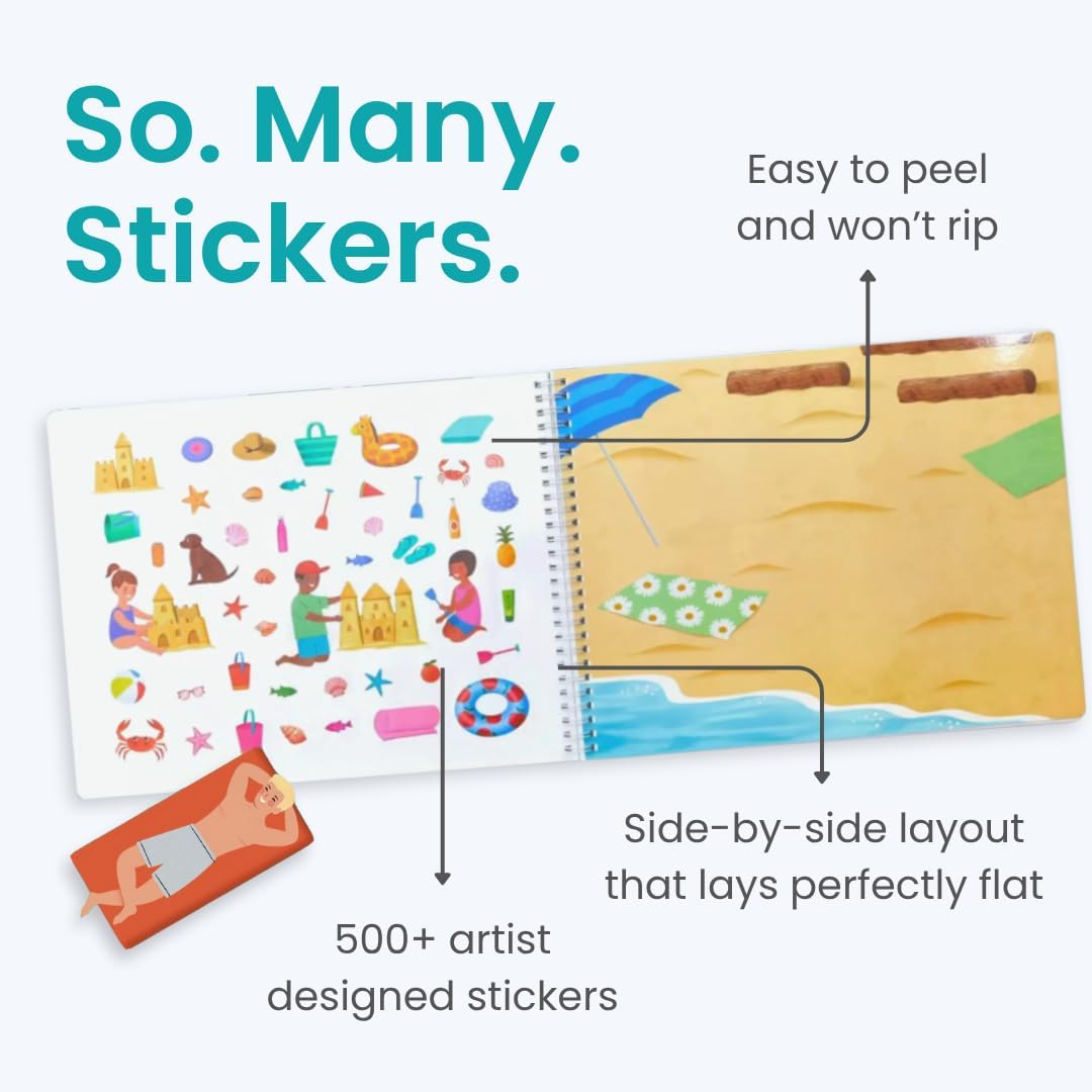 Beach Day 500+ Kids Sticker Book by Cupkin Fun Toddler Travel Activity Coloring and Sticker Book, Road Trip Essentials, 12 Coloring Pages 12 Side by