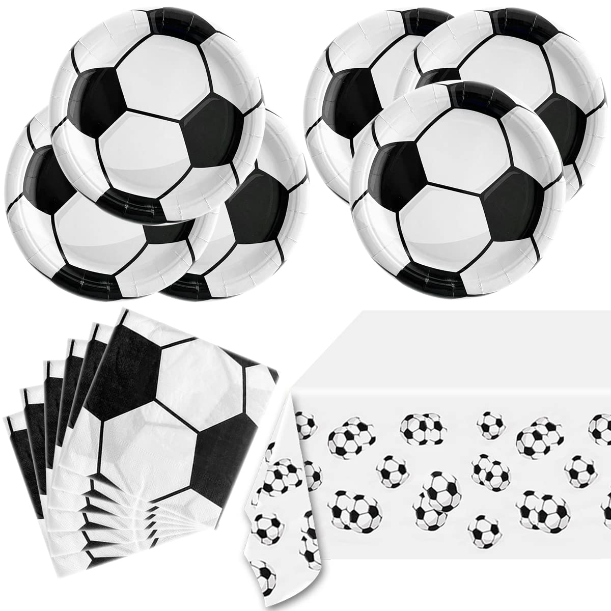 Soccer Party Tableware ,16 Plates and 16 Napkins and Tablecloth 71 '' x 42 ''Soccer Sports Themed Birthday Decorate Supplies