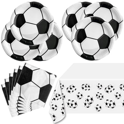 Soccer Party Tableware ,16 Plates and 16 Napkins and Tablecloth 71 '' x 42 ''Soccer Sports Themed Birthday Decorate Supplies