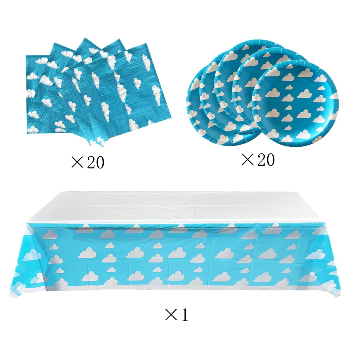 Blue Sky White Clouds Birthday Party Supplies, 20 Plates and 20 Napkins and Tablecloth71 '' x 42.5 '', Blue Sky Cartoon Theme Birthday Party