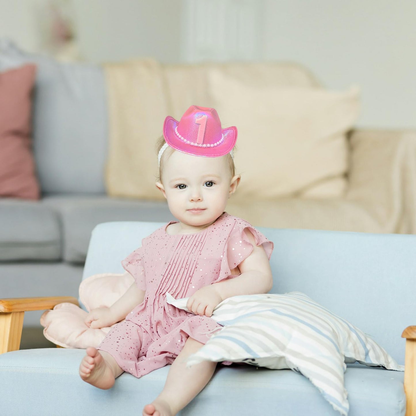 1st Birthday Cowboy Hat, Pink Girls Cowgirl Party Decorations Hat Neon Sparkly Glitter First Rodeo Birthday Party Crown for Western Baby Toddler Party