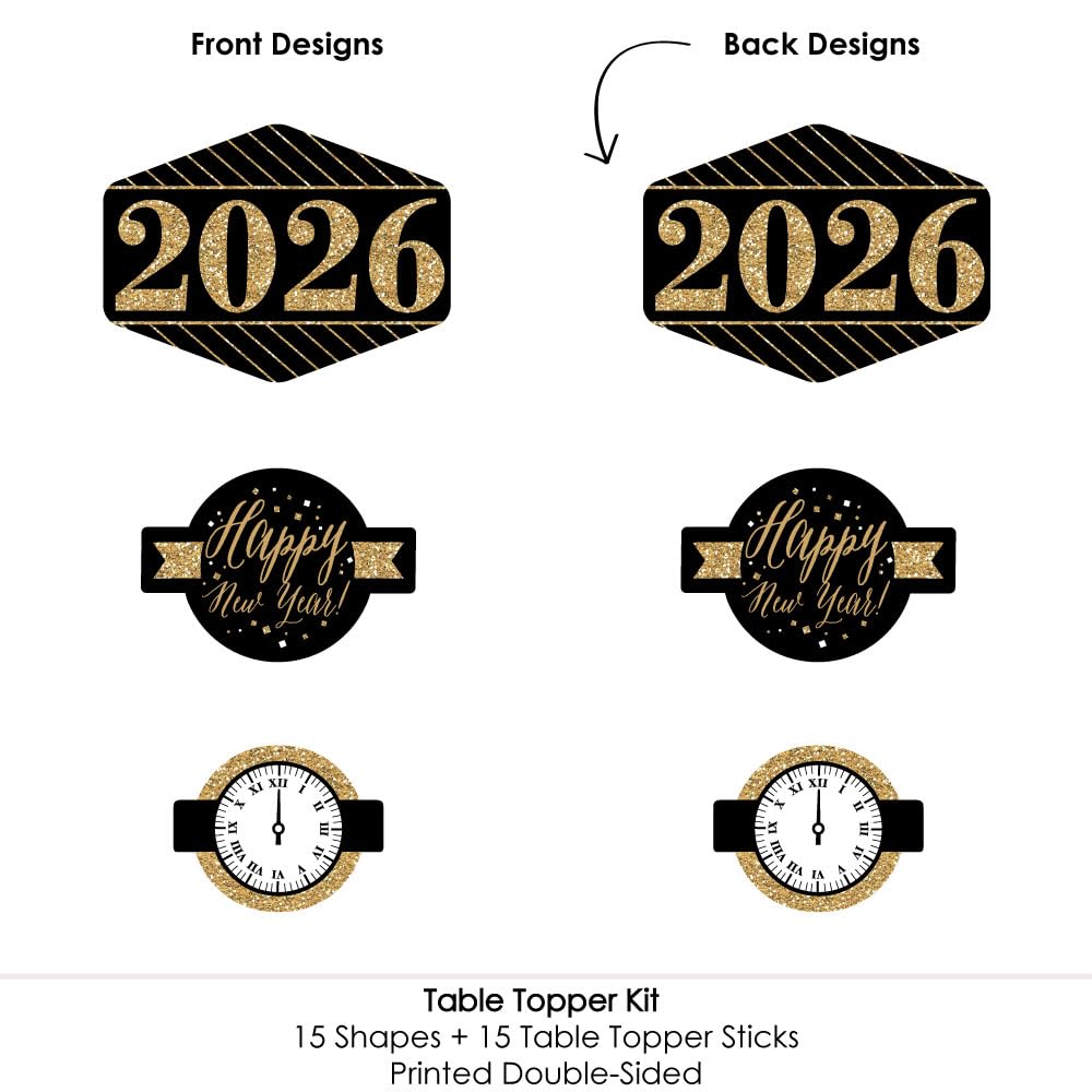 Big Dot of Happiness New Year's Eve - Gold - 2026 New Years Eve Party Centerpiece Sticks - Table Toppers - Set of 15