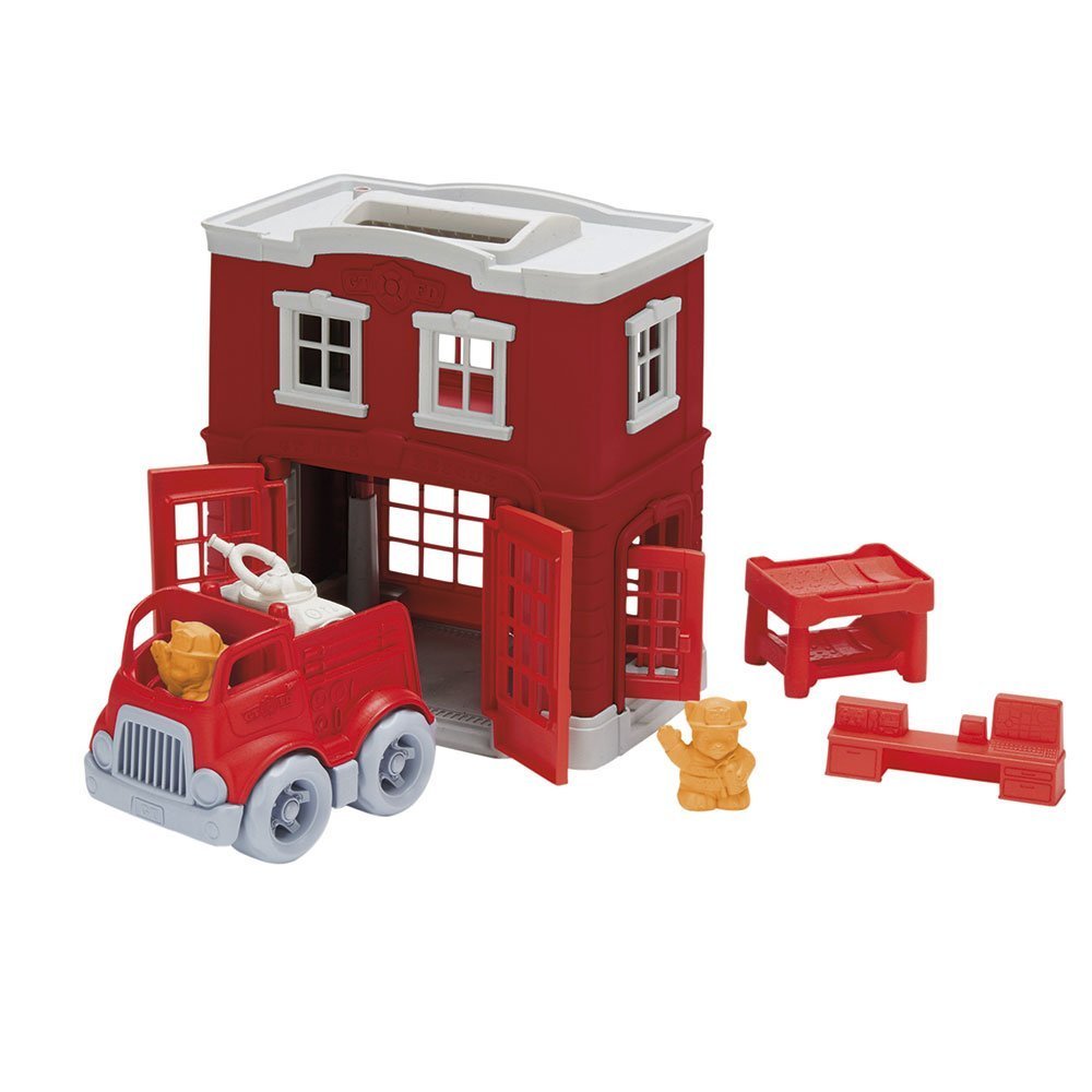 Green Toys Fire Station Playset - 8 Piece Pretend Play, Motor Skills, Language & Communication Kids Role Play Toy. No BPA, phthalates, PVC. Dishwasher