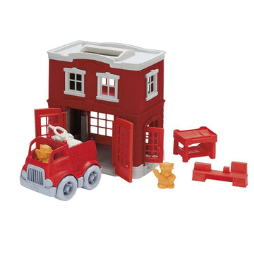 Green Toys Fire Station Playset - 8 Piece Pretend Play, Motor Skills, Language & Communication Kids Role Play Toy. No BPA, phthalates, PVC. Dishwasher