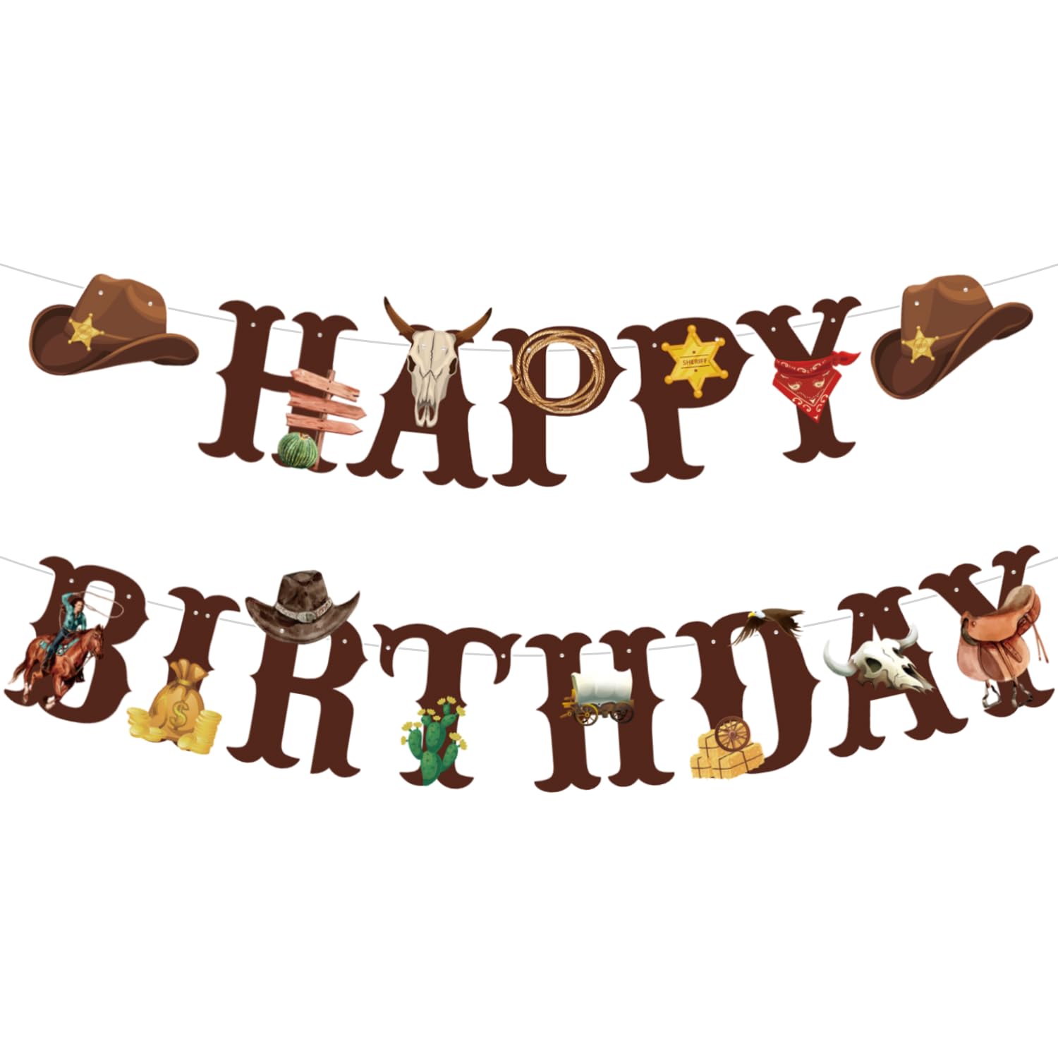 Western Cowboy Theme Wild West Party Decoration,Pre-Strung Happy Birthday Banner,Retro Horse Rodeo Party Supplies for Boys,Cowboy Hat Horses Garland