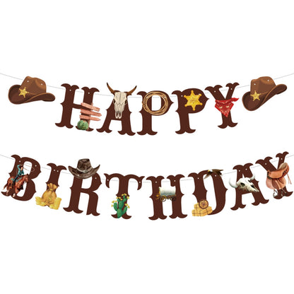Western Cowboy Theme Wild West Party Decoration,Pre-Strung Happy Birthday Banner,Retro Horse Rodeo Party Supplies for Boys,Cowboy Hat Horses Garland