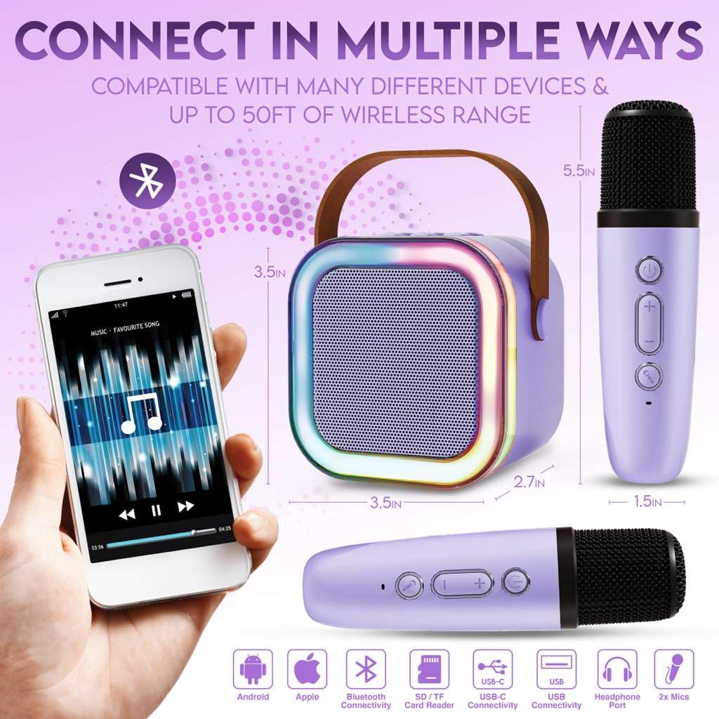Karaoke Machine for Kids Adults, Portable Mini Bluetooth Speaker with 2 Wireless Microphones, LED Lights, Singing System for Family Home Party, Voice