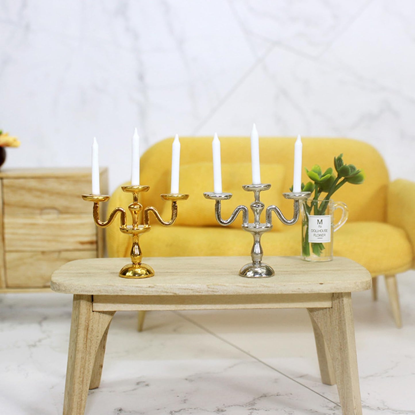 Dollhouse Candlesticks, Miniature Metal Candelabra, 1:12 Dining Candle Holder with 3 Candles, for Dollhouse Miniature Kitchen, Fairy Garden, Diorama