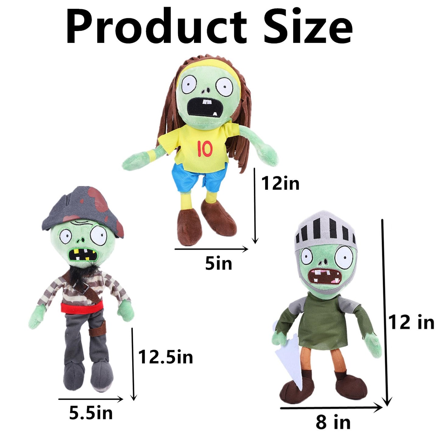JHESAO 3 PCS Plants and Zombies Plush Zombies Sets Toy Captain Zombie, 1 2 Stuffed Soft Knight Zombie Doll, PVZ Plushies Figure Doll New