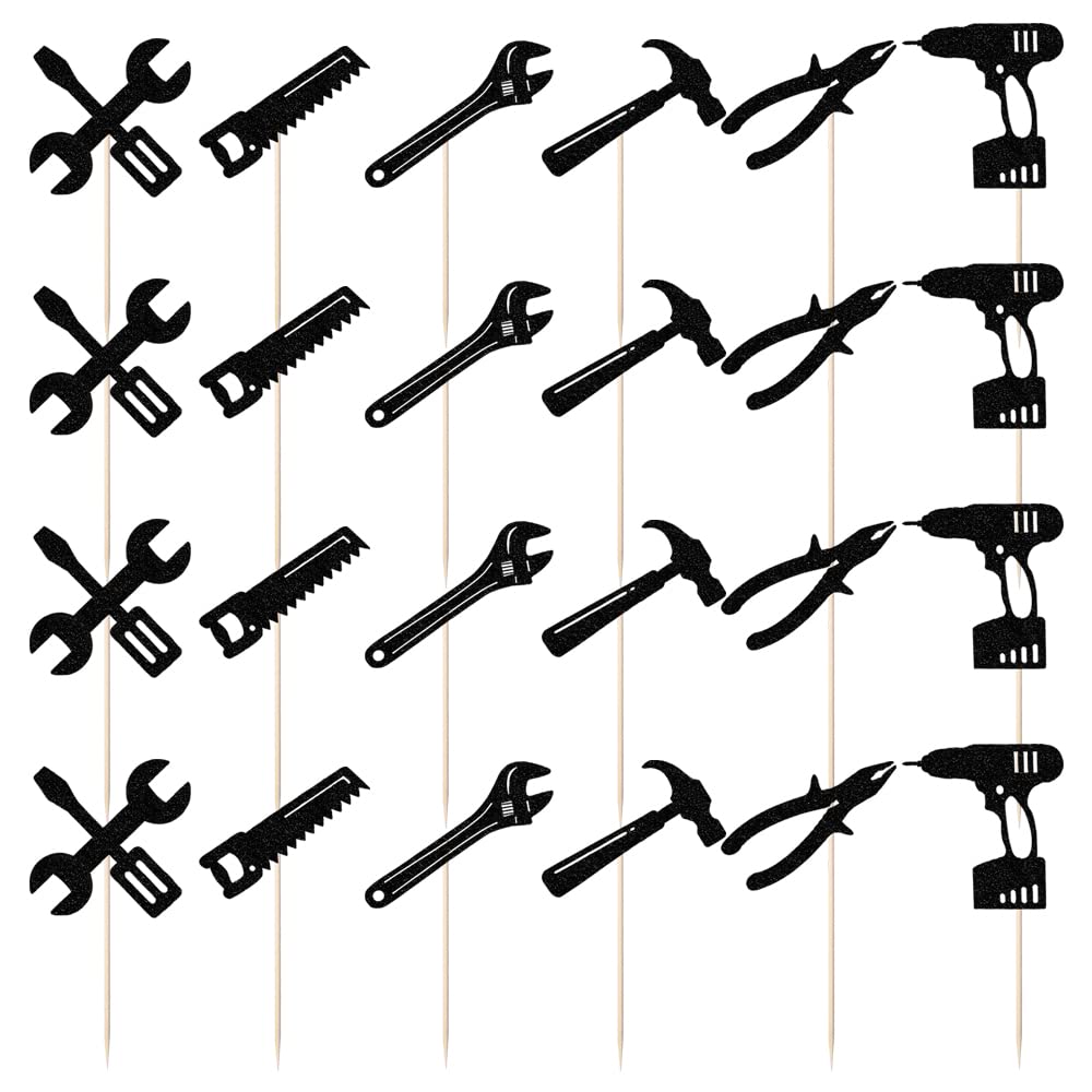 24PCS Tools Cupcake Topper?Wrench Hammer Drill Pliers Handsaw Tape Measure Screwdriver Construction Tools Cake Decorating?Boys Men Birthday Cake