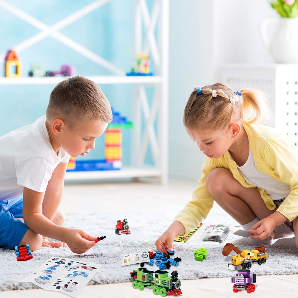 24 Packs Train Building Blocks with Valentines Gift Cards, 6 in 1 Train Building Blocks Sets for Boys Girls Goodie Bags Carnival Prizes Birthday