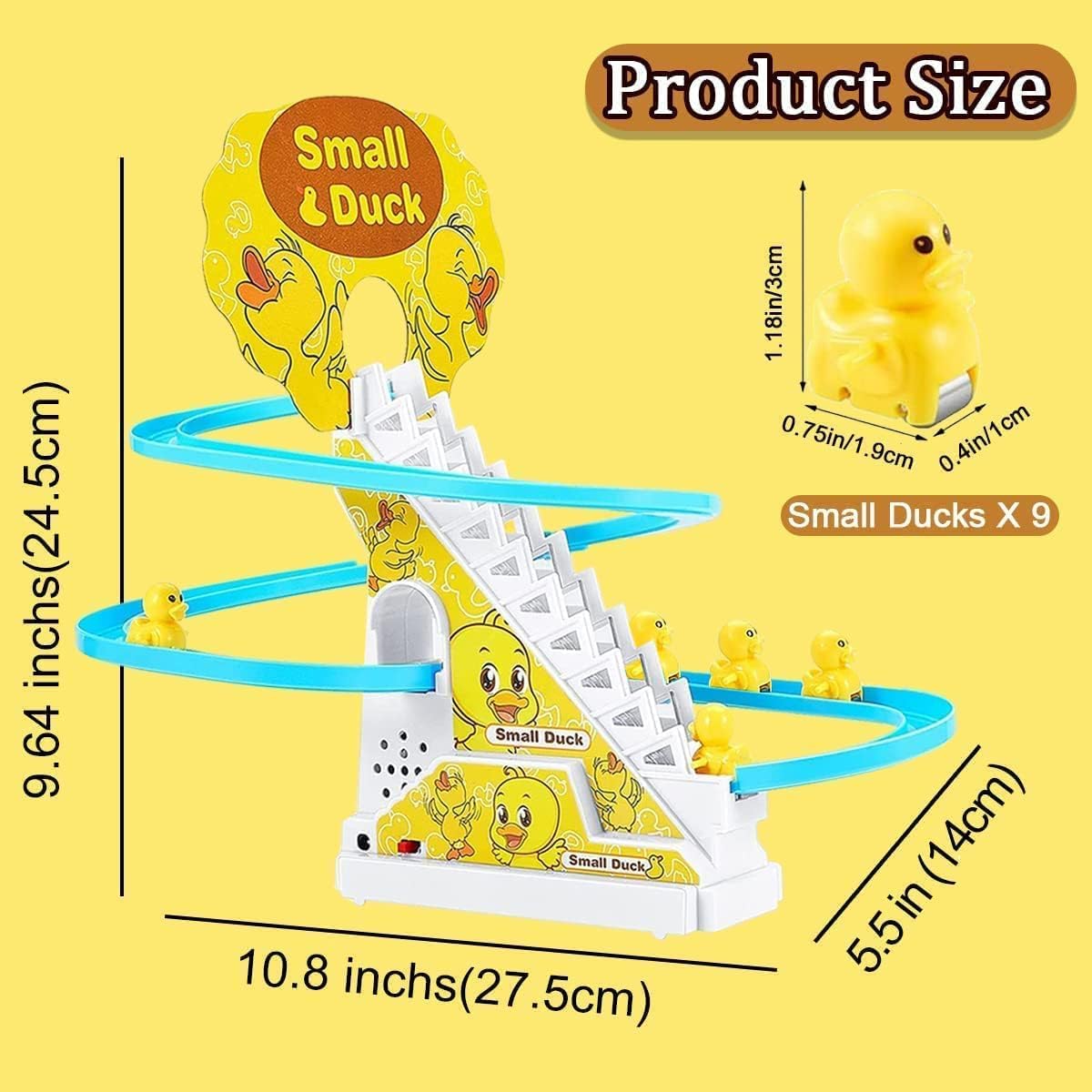 JOYGETIN Small Ducks Climbing Toys,Electric Duck Climbing Stairs Tracks Slide Toy Set,Duck Roller Coaster Toy with Flashing Lights & Music On/Off