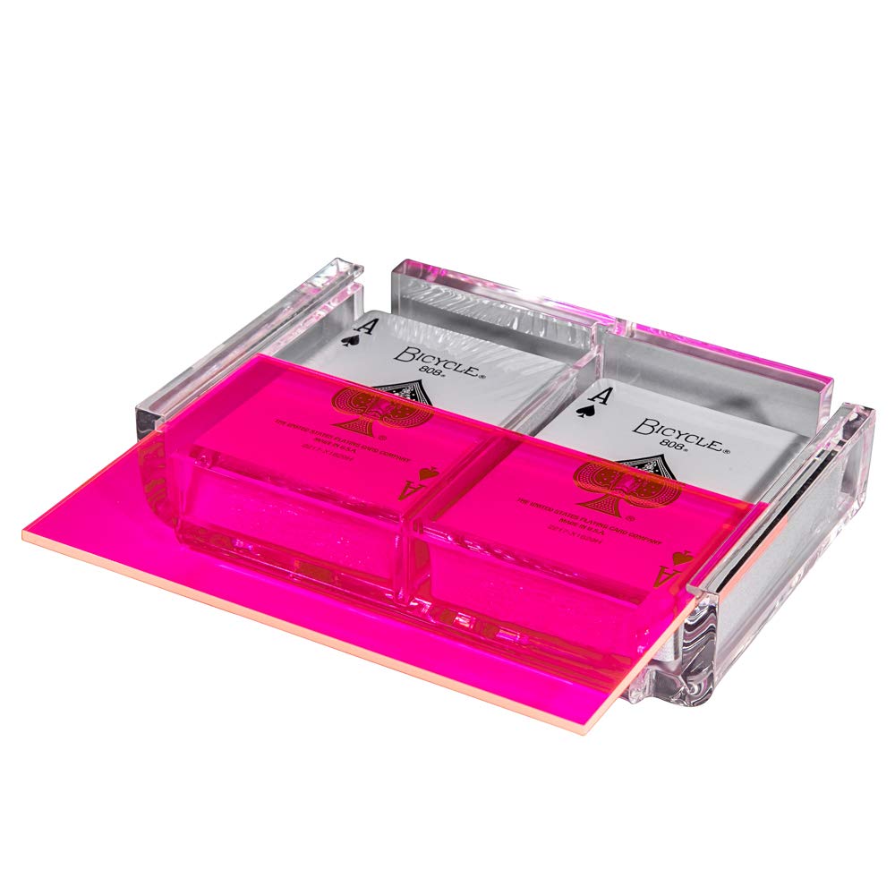 Luxe Dominoes Modern Elegant Playing Card Deck Holder Tray with 2 Decks of Playing Cards in Unique Stylish Deluxe Acrylic Box with Color lid (Neon