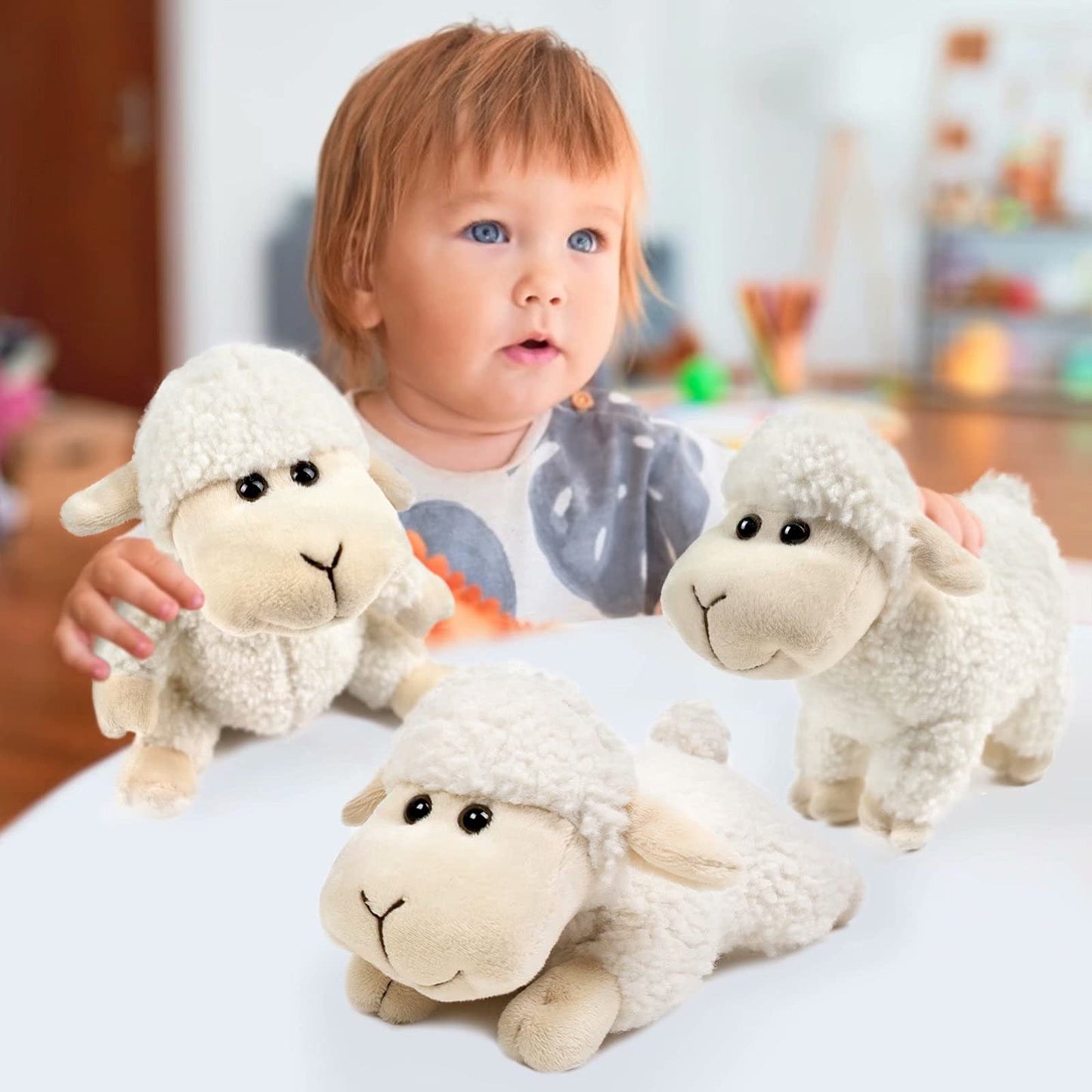 Tiny Heart Lamb Stuffed Animal Sheep Plush Toy 3 Pcs Cute and Super Soft Nursery Home Decor Bedroom Small Gift for Kids Boys and Girls Companions