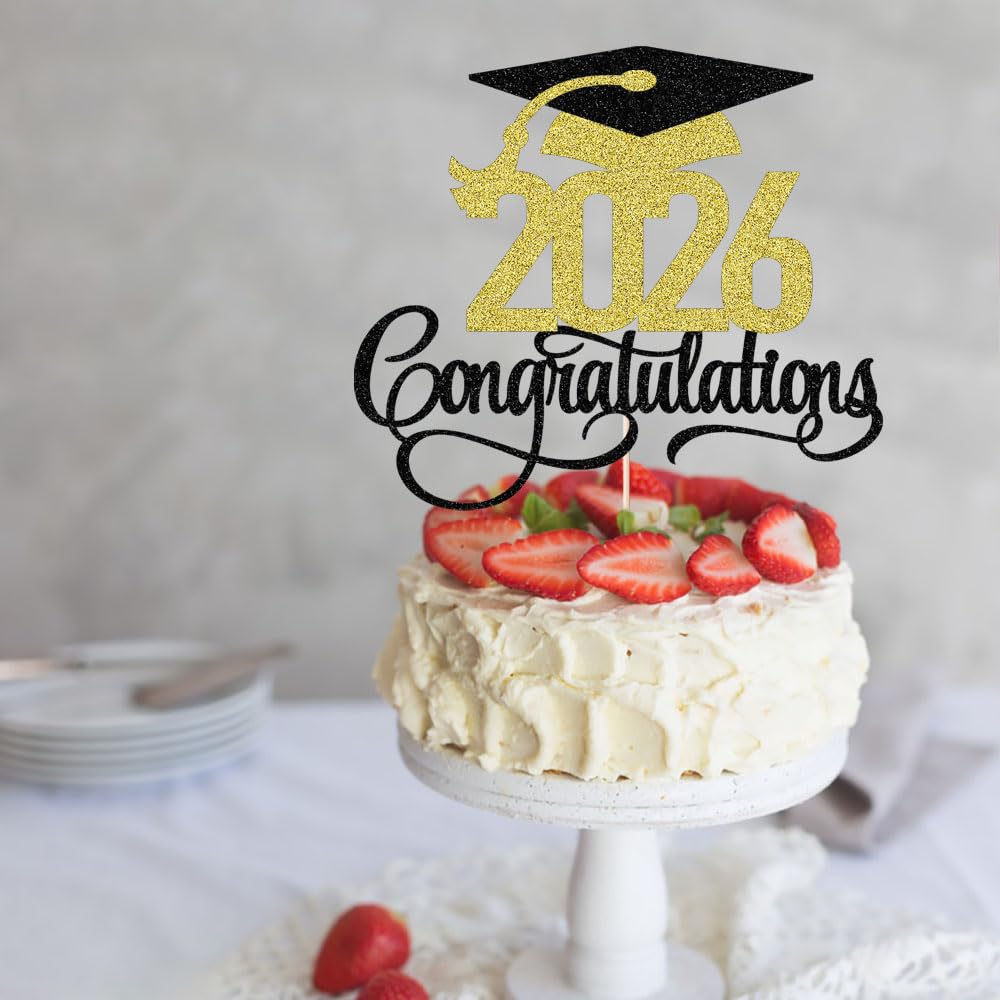 Black Gold Glitter 2026 Congratulations Graduation Cake Topper,Congrats Grad Cake Decor - 2026 High School/College/Senior Graduation Party Decorations