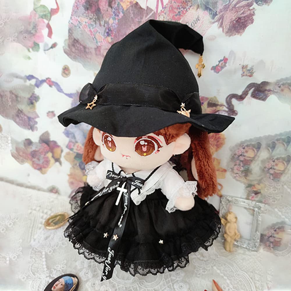 niannyyhouse 7.8in/20cm Plush Doll Clothes Hat + Dress 2-Piece Set Black Magic Hat Mesh Lace Dress