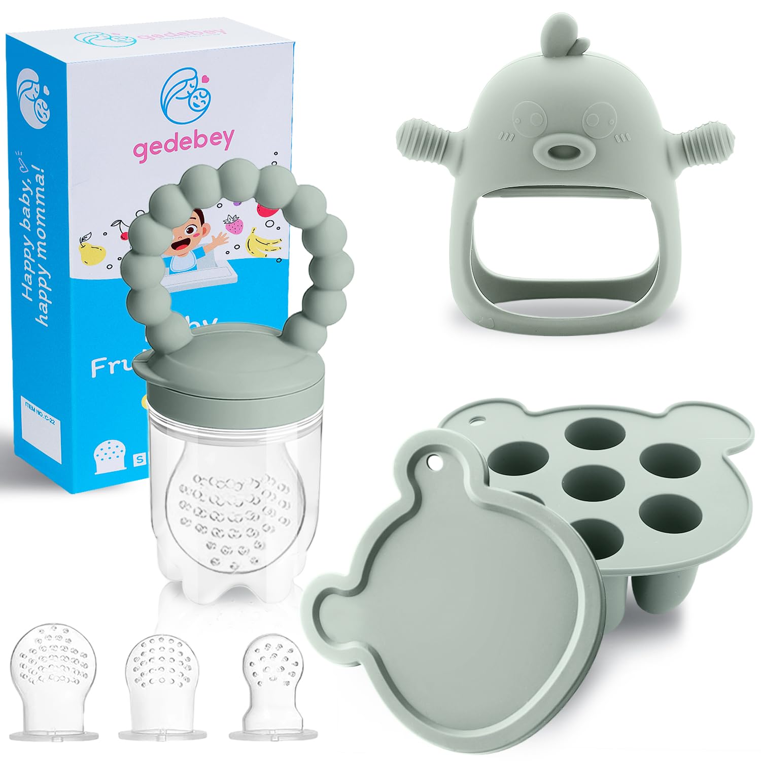 Gedebey 3-in-1 Baby Food & Fruit Feeder Set - Breastmilk Popsicle Mold with Freezer Tray, Teething Relief Toy, BPA Free Infant Silicone Feeding Combo