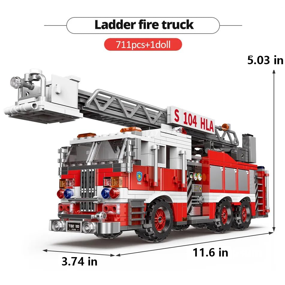 BYWbricks City Ladder Fire Truck Building Blocks Set (711 pcs) Toy Station Firetruck Bricks Collectible Fire Engine Building Kit Model Gift for Boys