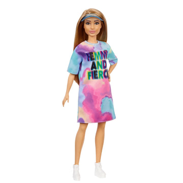 Barbie Fashionistas Doll, Petite, with Light Brown Hair Wearing Tie-Dye T-Shirt Dress, White Shoes & Visor, Toy for Kids 3 to 8 Years Old