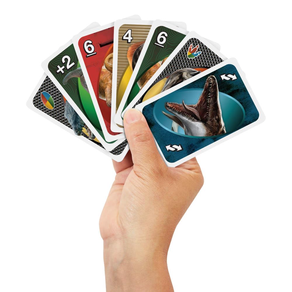 Mattel Games UNO Jurassic World Rebirth Card Game for Kids, Family & Adult Games Nights, Deck with Special Rule & Images Inspired by the Movie