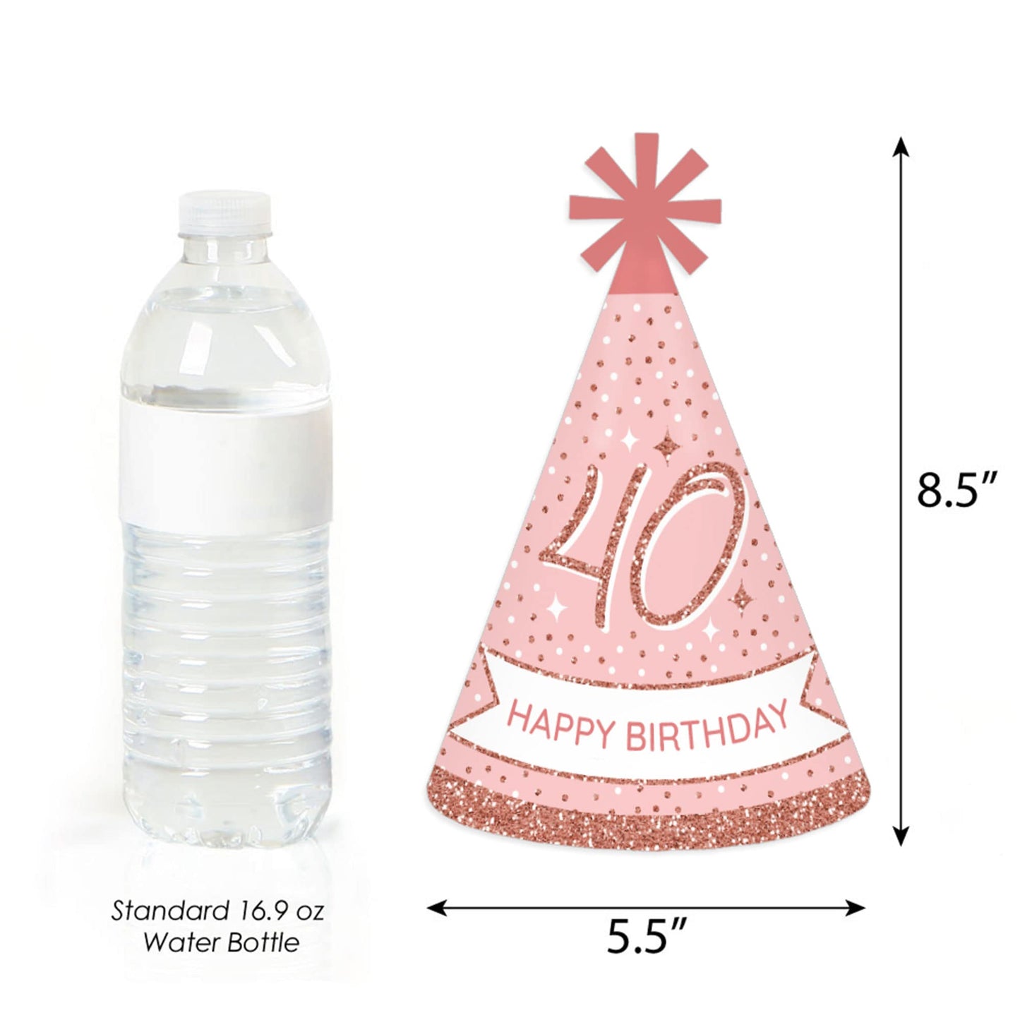 Big Dot of Happiness 40th Pink Rose Gold Birthday - Cone Happy Birthday Party Hats for Kids and Adults - Set of 8 (Standard Size)