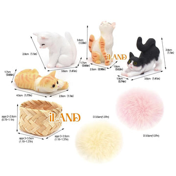 iland Mini Cat Figurines, 1/12 Scale Miniature Dollhouse Accessories, 4PCS Realistic Tiny Pet Figures with Dollhouse Decor Basket & Rug, Cute Cake