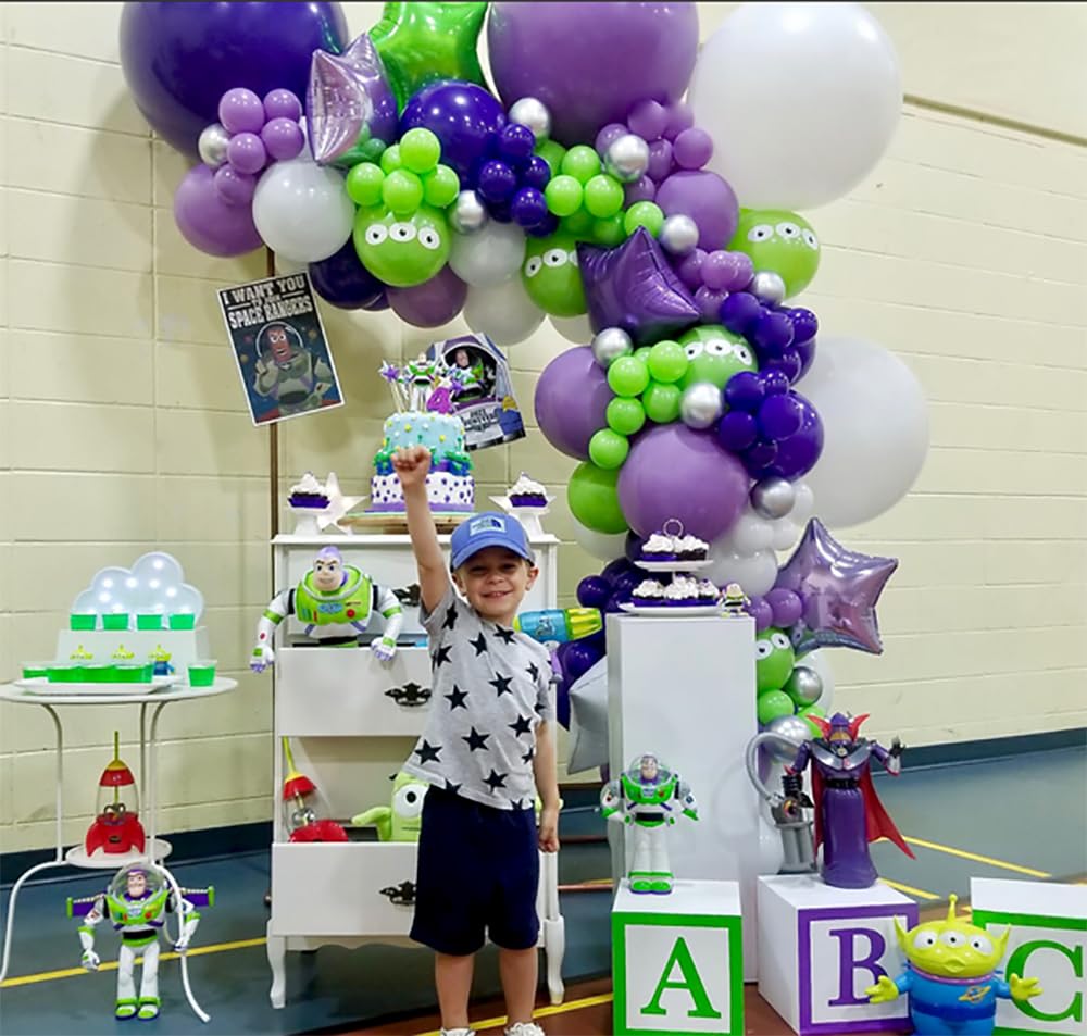 Beaumode Boy Story Balloon Arch Garland Green Purple Balloon Kit for It’s a Boy Story Baby Boy Shower Western Cowboy Space Adventure Theme Kids 2d
