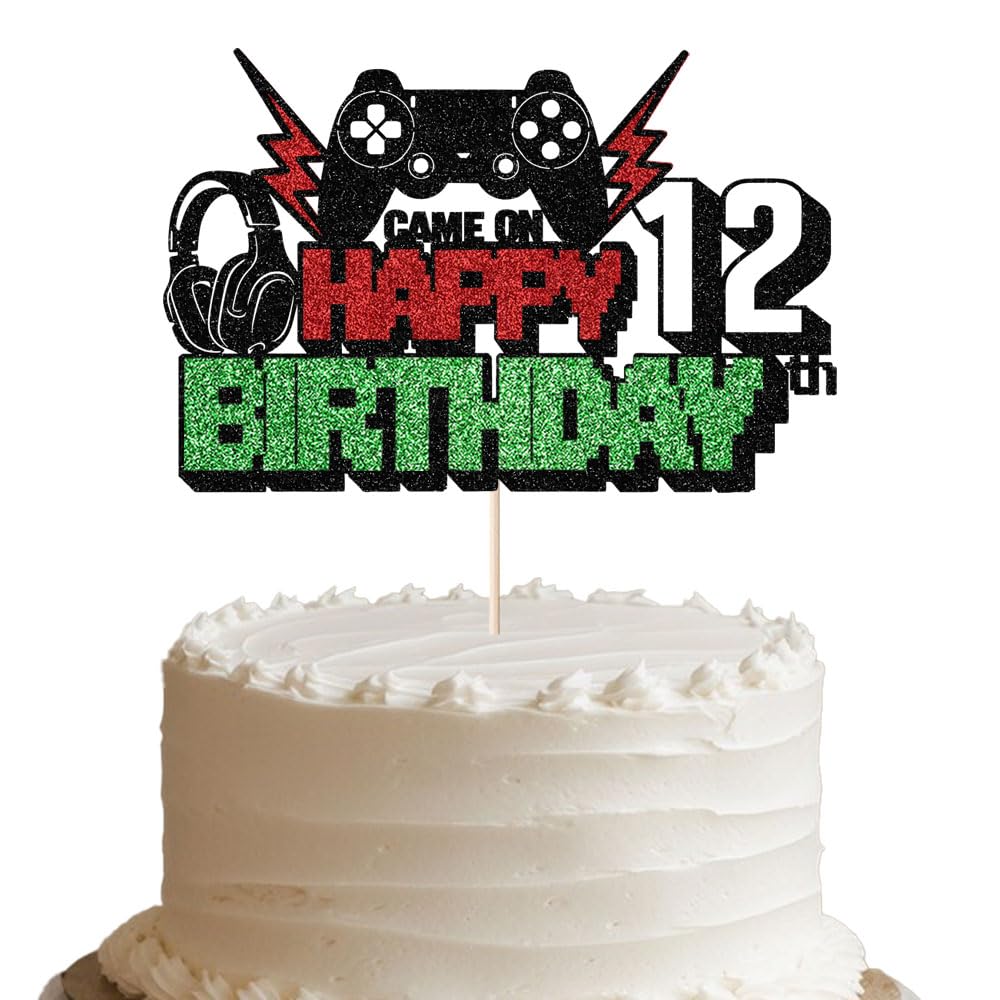 Video Game Happy 12th Birthday Cake Topper,Glitter Gaming Cake Decor,Perfect for Kids/Teens Video Game Theme Birthday Supplies,Boys 12th Birthday