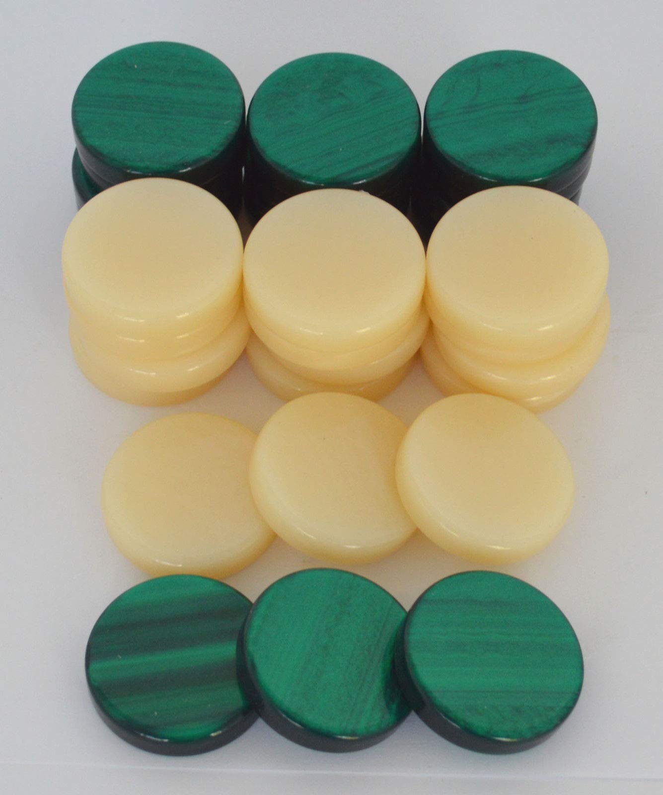 Manopoulos 30 Acrylic Backgammon Checkers - Chips Green & Ivory 1.4 inches