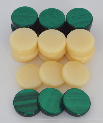 Manopoulos 30 Acrylic Backgammon Checkers - Chips Green & Ivory 1.4 inches