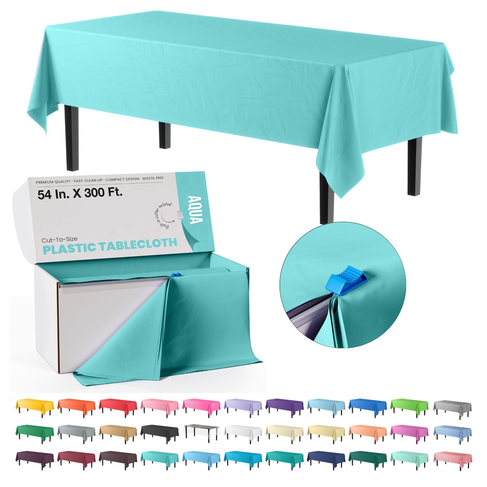 Exquisite Party Solids 54 Inch X 300 Feet Aqua Plastic Table Cover Roll in A Cut - to - Size Box with Convenient Slide Cutter. Cuts Up to 36 Rectangle