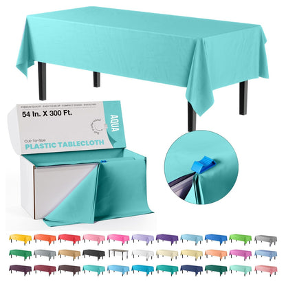 Exquisite Party Solids 54 Inch X 300 Feet Aqua Plastic Table Cover Roll in A Cut - to - Size Box with Convenient Slide Cutter. Cuts Up to 36 Rectangle