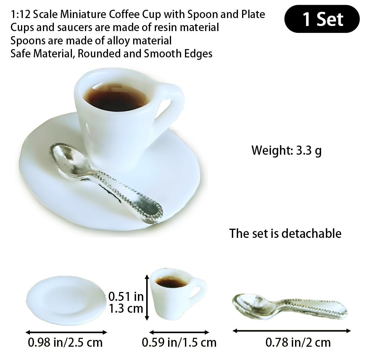 1:12 Scale Miniature Coffee Cup with Spoon and Plate - 1 Set Dollhouse Scene Accessory for DIY Summer Table Setting, Desktop Display, Realistic Resin