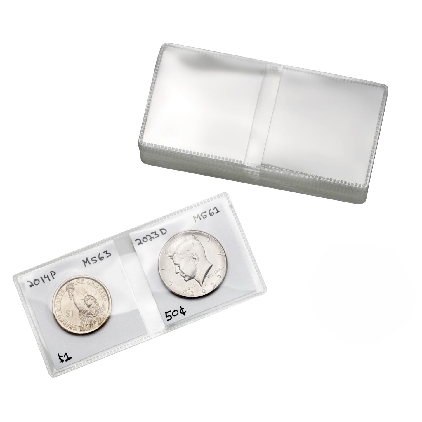 Coin Shield 50 2x2 Double Pocket Coin Flips PVC Free Clear Vinyl Holders with Inserts