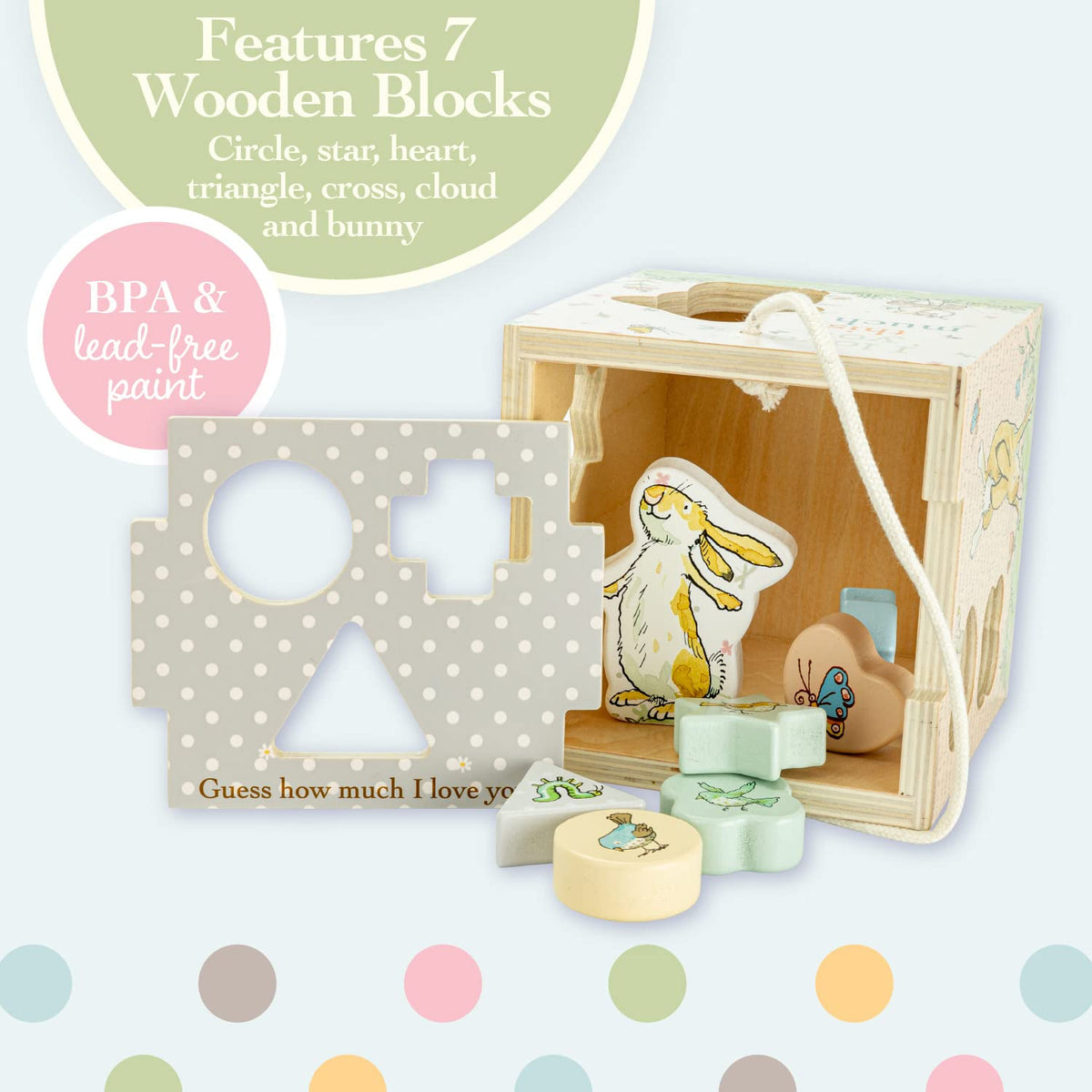 Kids Preferred Guess How Much I Love You Wooden Shape Sorter with Rope Handle, 7 Blocks, and Positive Messaging from The Book Classic Toy for Babies