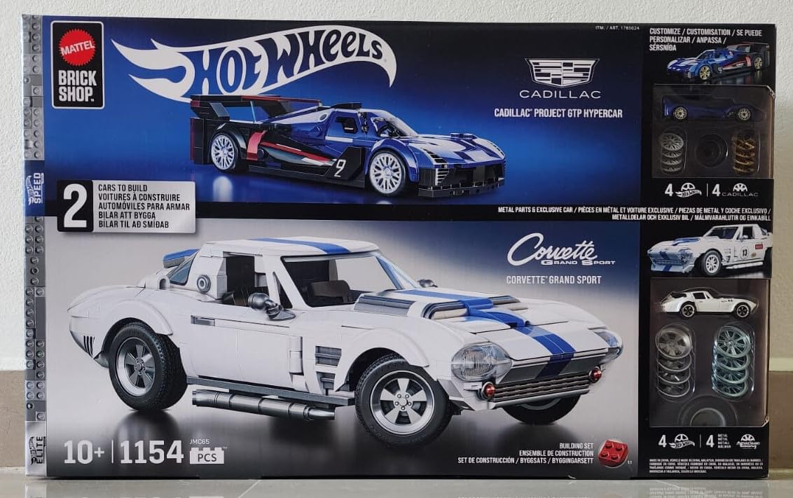 Mattel Brick Shop Building Set, Cadillac GTP Hypercar and Corvette Grand Sport, 1154 Pieces, Ages 10+, Racing Cars Collection Includes 2 Metal
