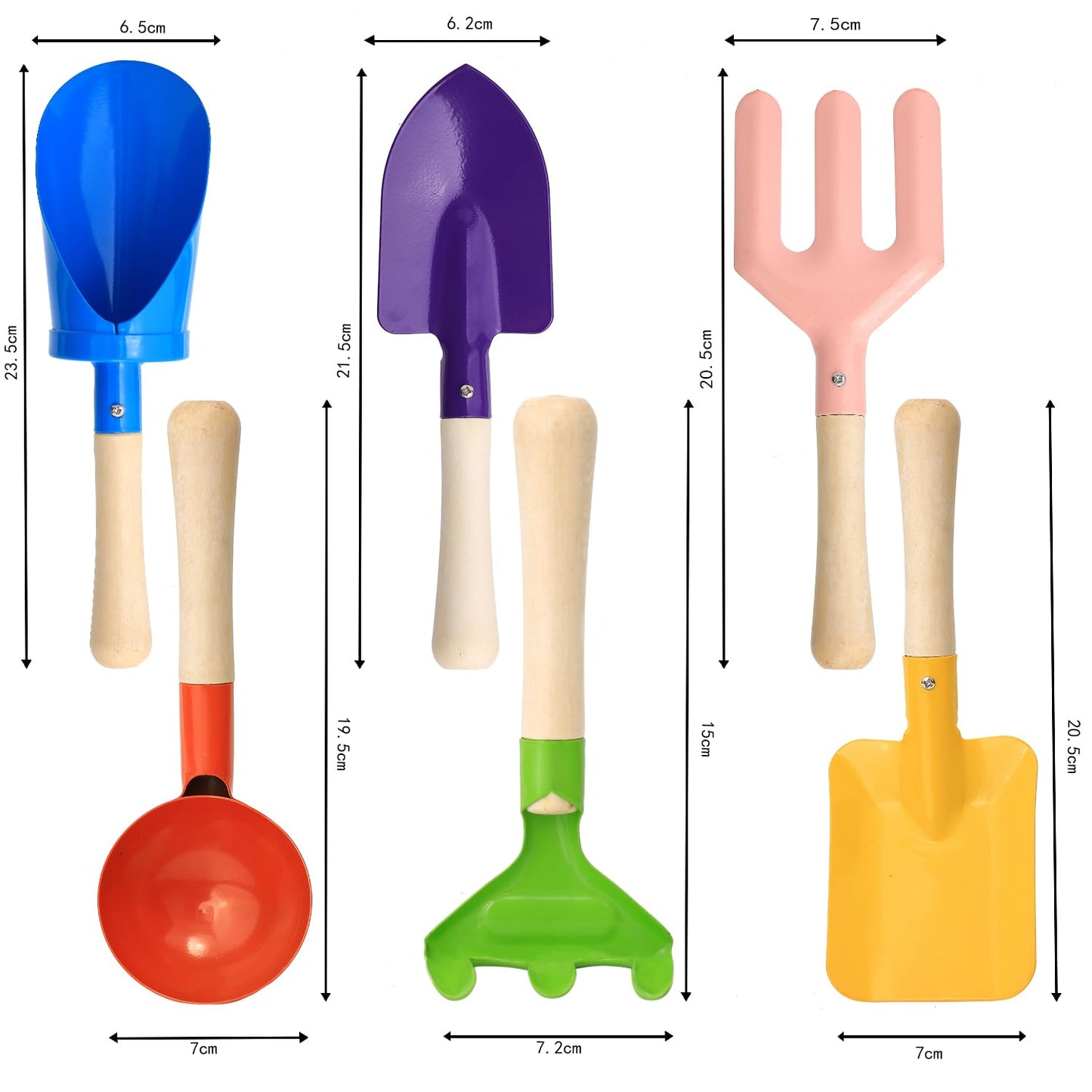 6 PCS 8" Kids Gardening Tools, Metal Beach Sandbox Digging Toys with Sturdy Wooden Handle, Safe Backyard Snow Sensory Playset Including Cylinder