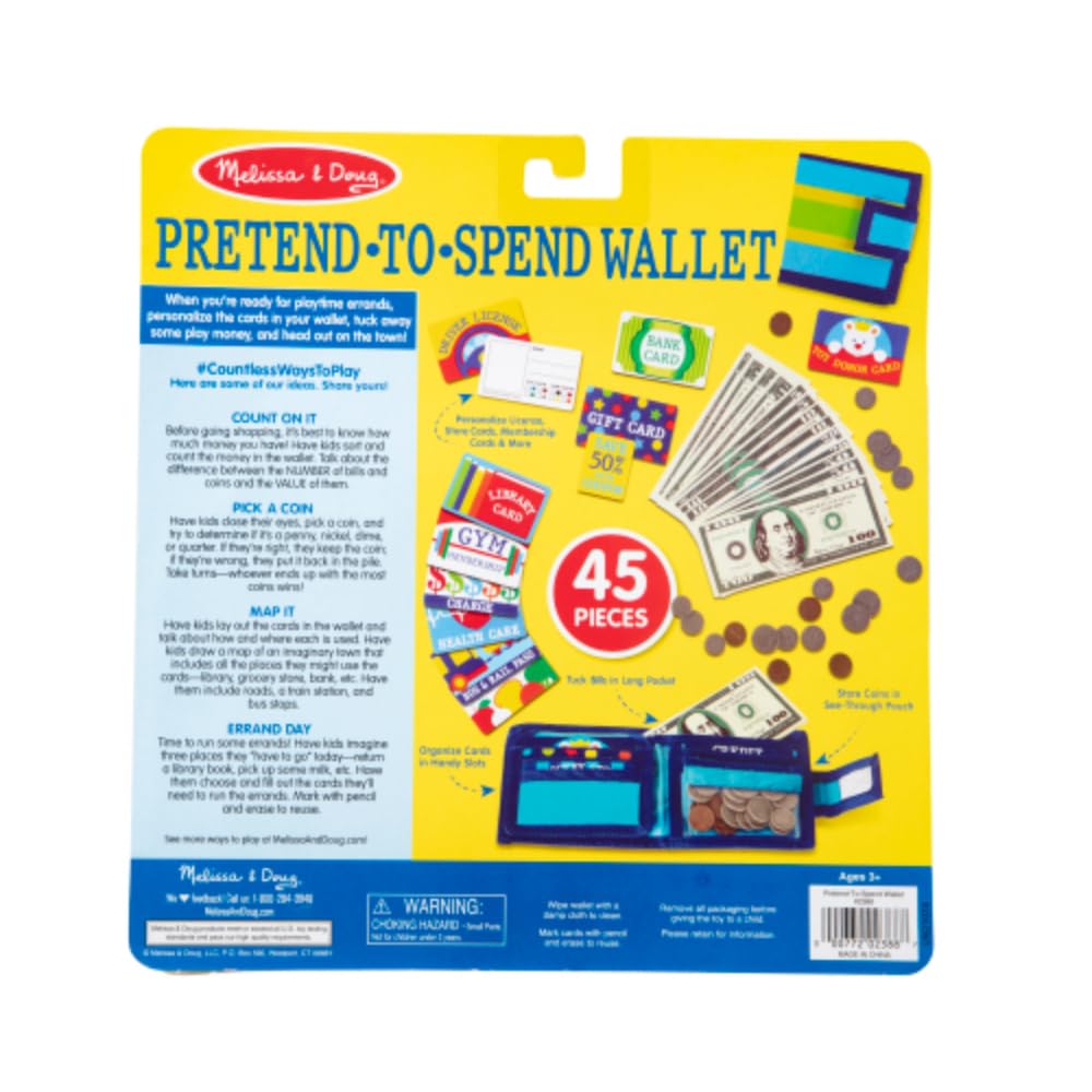 Melissa & Doug Pretend-to-Spend Toy Wallet With Play Money and Cards (45 pcs), Blue - FSC Certified