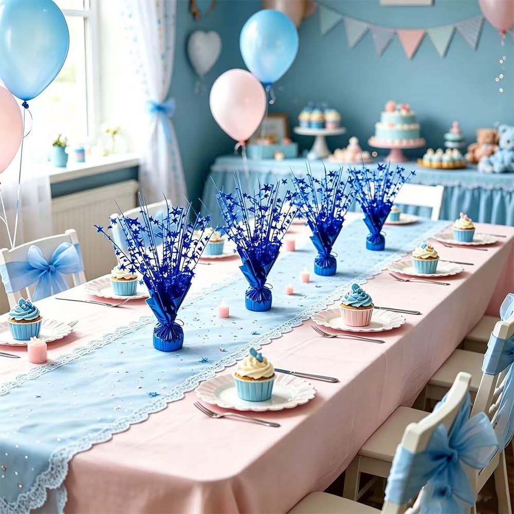 6 Pack Blue Star Table Centerpieces, Metallic Blue Starburst Table Decor, Sparkly Foil Table Topper for Birthday, Baby Shower, Wedding, Graduation