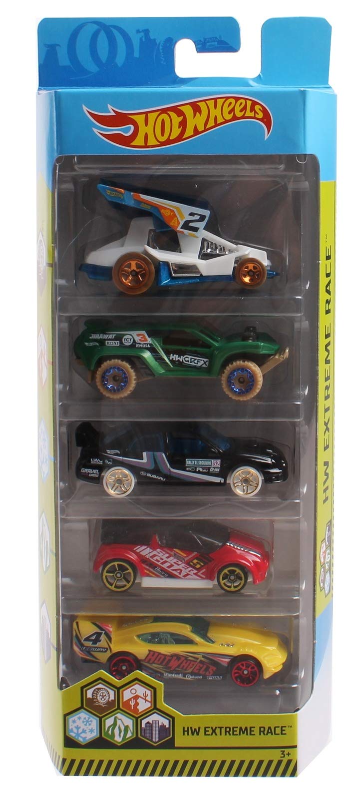 Hot Wheels 2019 HW Extreme Race 5-Pack (Dirty Outlaw, Dune Crusher, Subaru Impreza WRX, Super Gnat, Time Tracker)