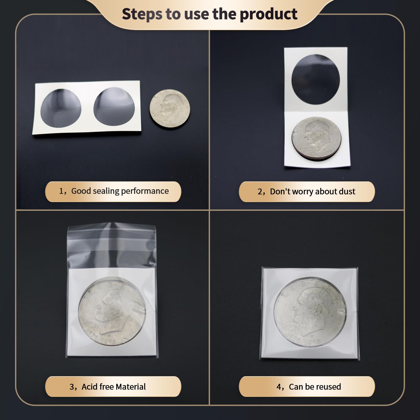 Magiarcana 2x2 Coin Flip Sleeves - 1000pcs, No Stapler Needed, Protectors & Holders for Collectors & Miniature Coins - Reusable Self Seal