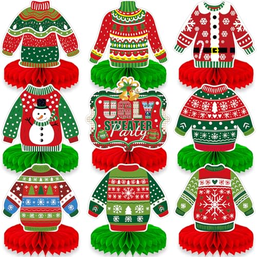 9 Pieces Ugly Christmas Sweater Honeycomb Centerpieces Table Decor, Holiday Party Table Toppers Ornaments Signs, Fun Xmas Sweater Party Decorations