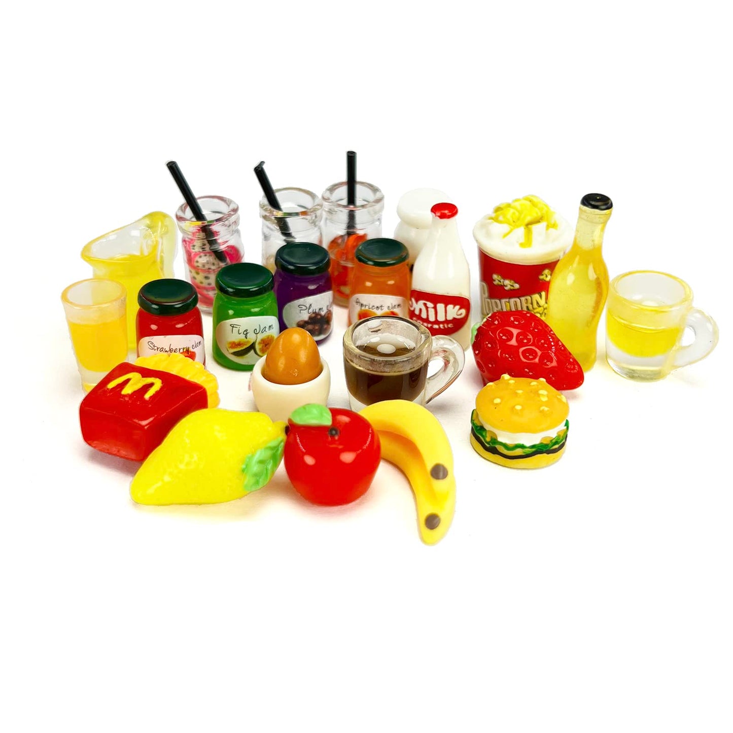 HUADELAIMA 200 Piece Dollhouse Miniature Food Pretend Fast Food Toy Set Burger Fries Milk Cake Egg Bread Pizza Coffee etc Doll Food Kitchen
